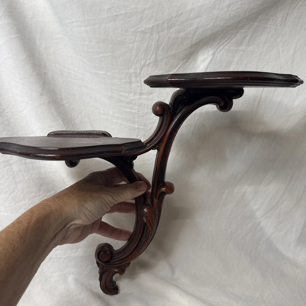 Syroco Wood Label Wall Scroll Sconce Double Tier Shelf Rocco Baroque Display MCM